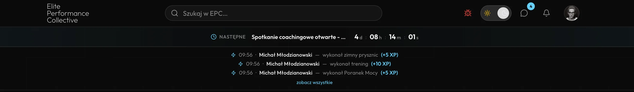 Feed aktywności EPC — wspólna motywacja i XP na żywo